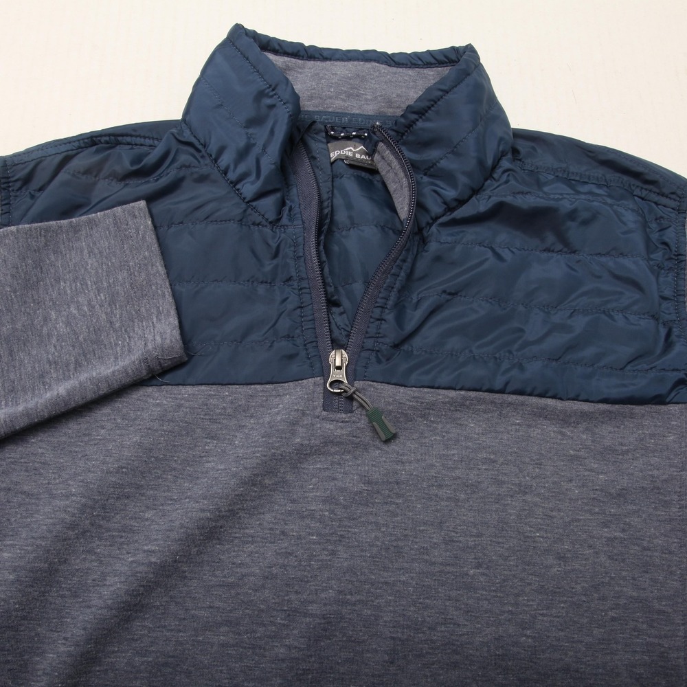 Eddie Bauer Sweater Mens Large Blue Gray Quarter Zip Hybrid Quilted Pullover